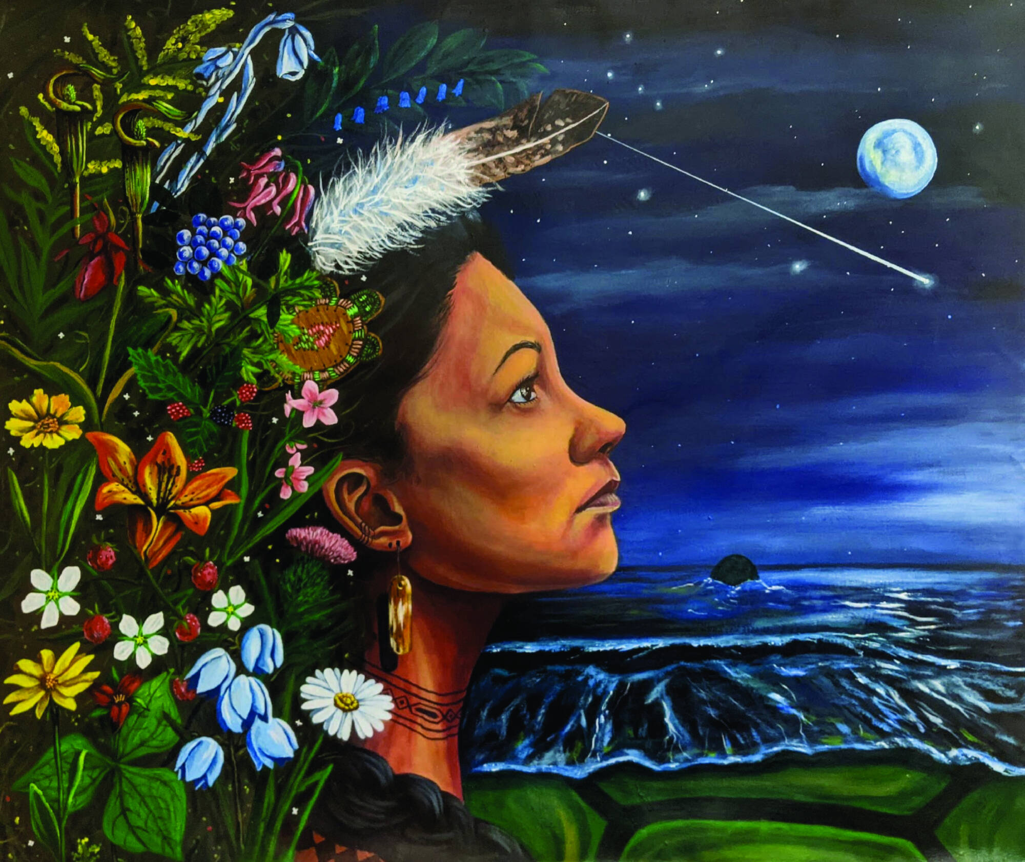 A digital reproduction of an original painting of Mother Earth. The painting depicts a woman's face with flowers behind her and water in front of her to the right. The night sky has stars and the moon in it.